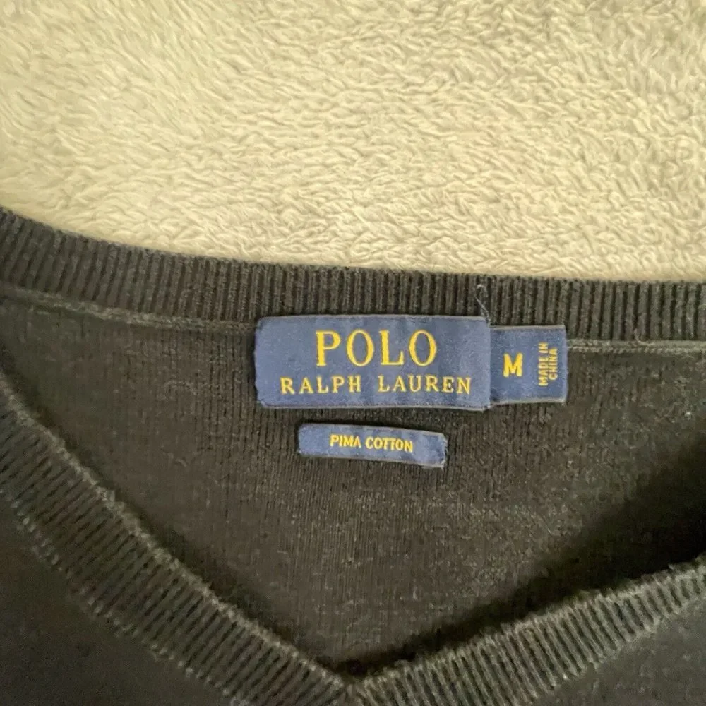 Polo Ralph‎ Lauren Men's Medium Jumper Navy Black Pima Cotton V Neck Pullover